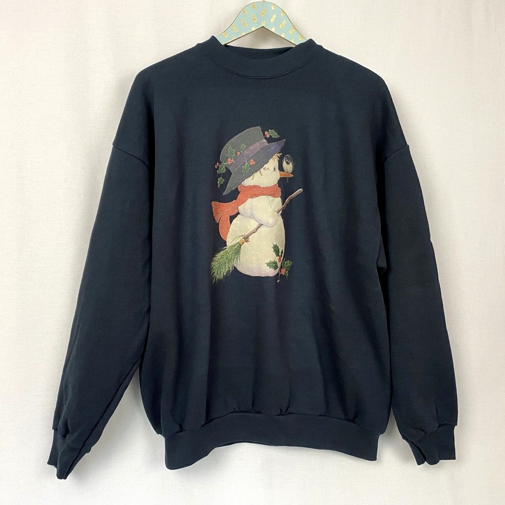 Vintage 90s Christmas Sweatshirt Womens XL Navy Snowman Grandmacore Whimsical